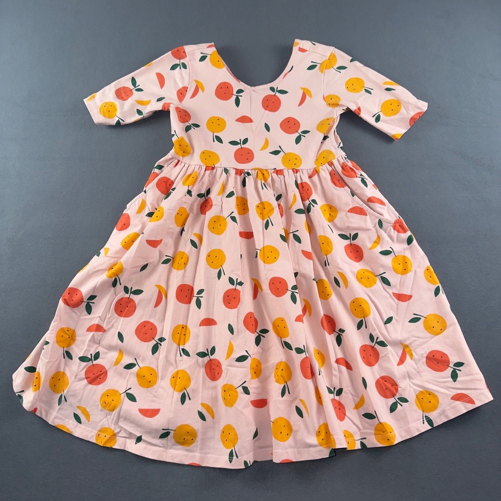 Hanna Andersson Girls Pink Orange Fruit Print Pocket Dress Size 10 140cm